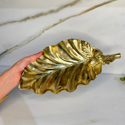 Rustic Leaf Ceramic Tray With Acorn & Pinecone Detail