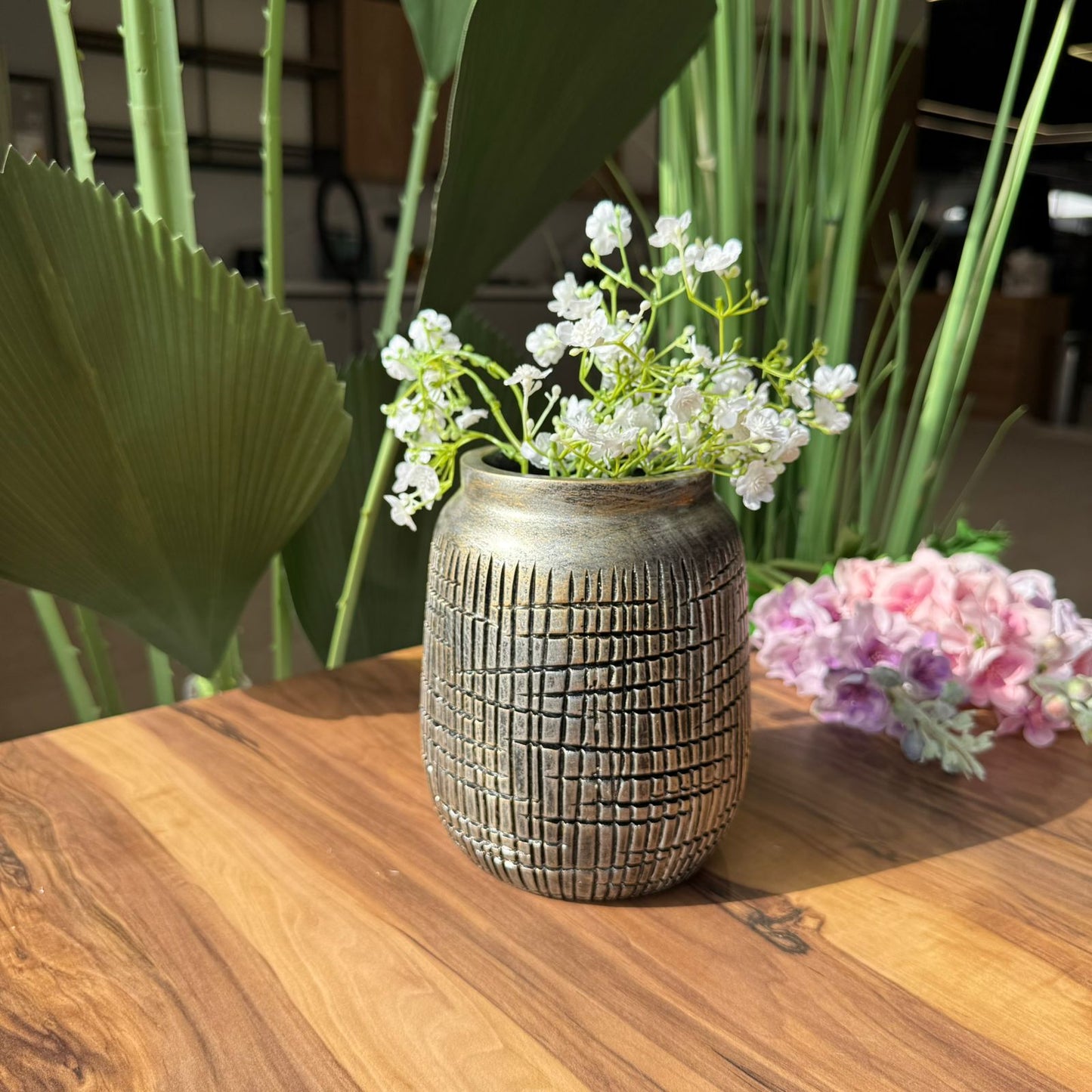 Rustic Grid-Textured Ceramic Vase