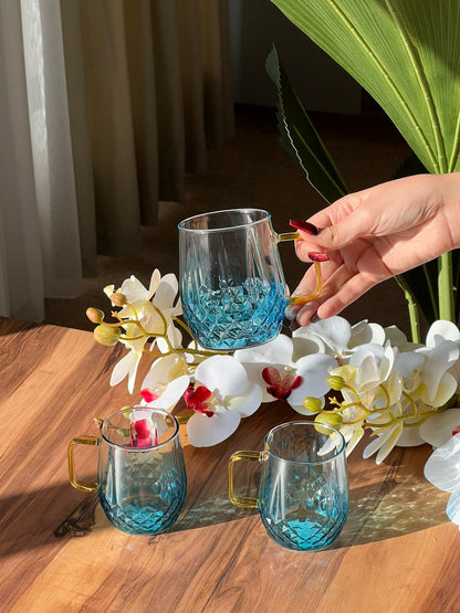 Set Of Transparent Blue Diamond Pattern Glass Mug - 6 Pieces