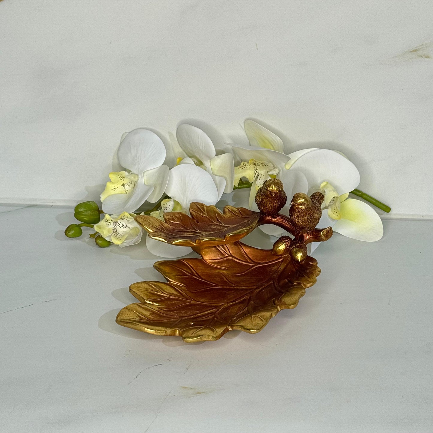 Golden Leaf Tray With Birds Accent