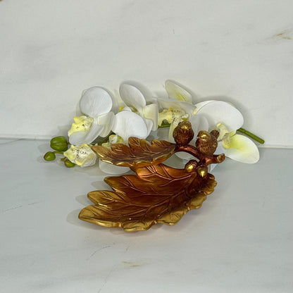 Golden Leaf Tray With Birds Accent