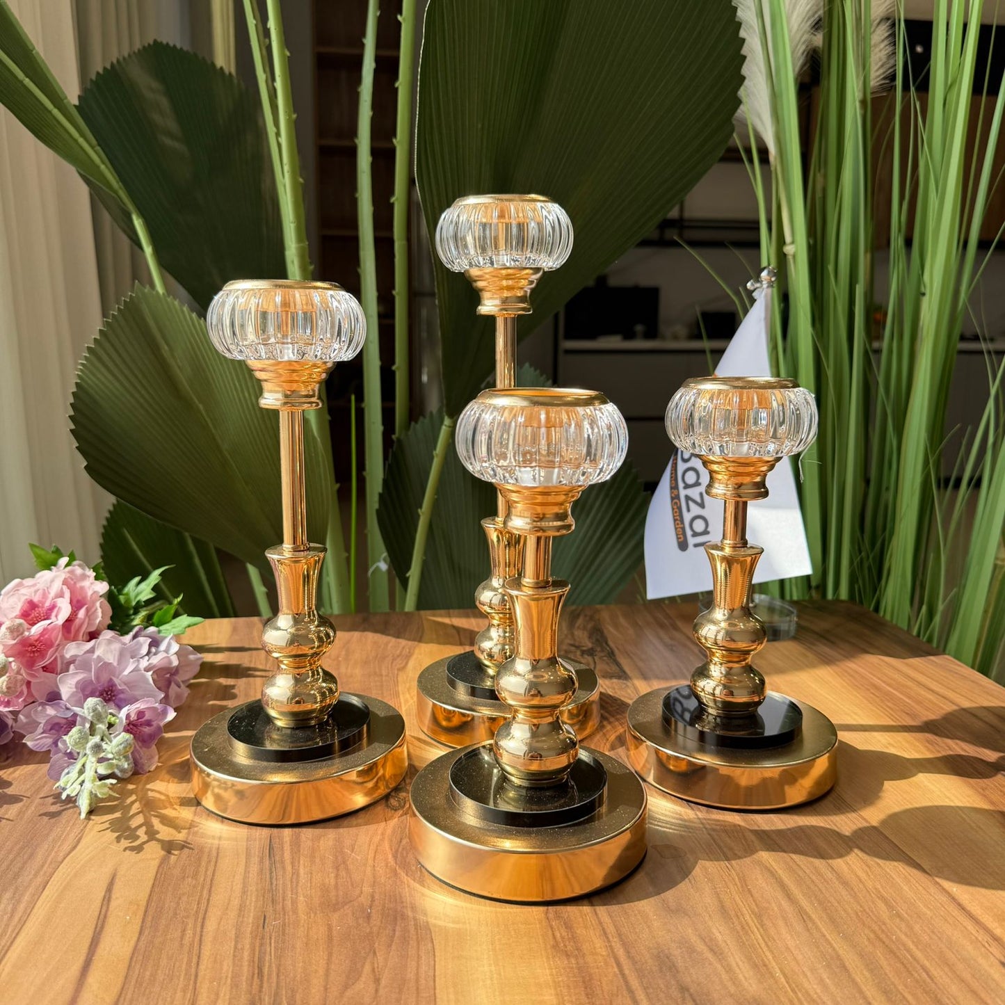 Royal Glow Glass & Gold Candle Holders Set