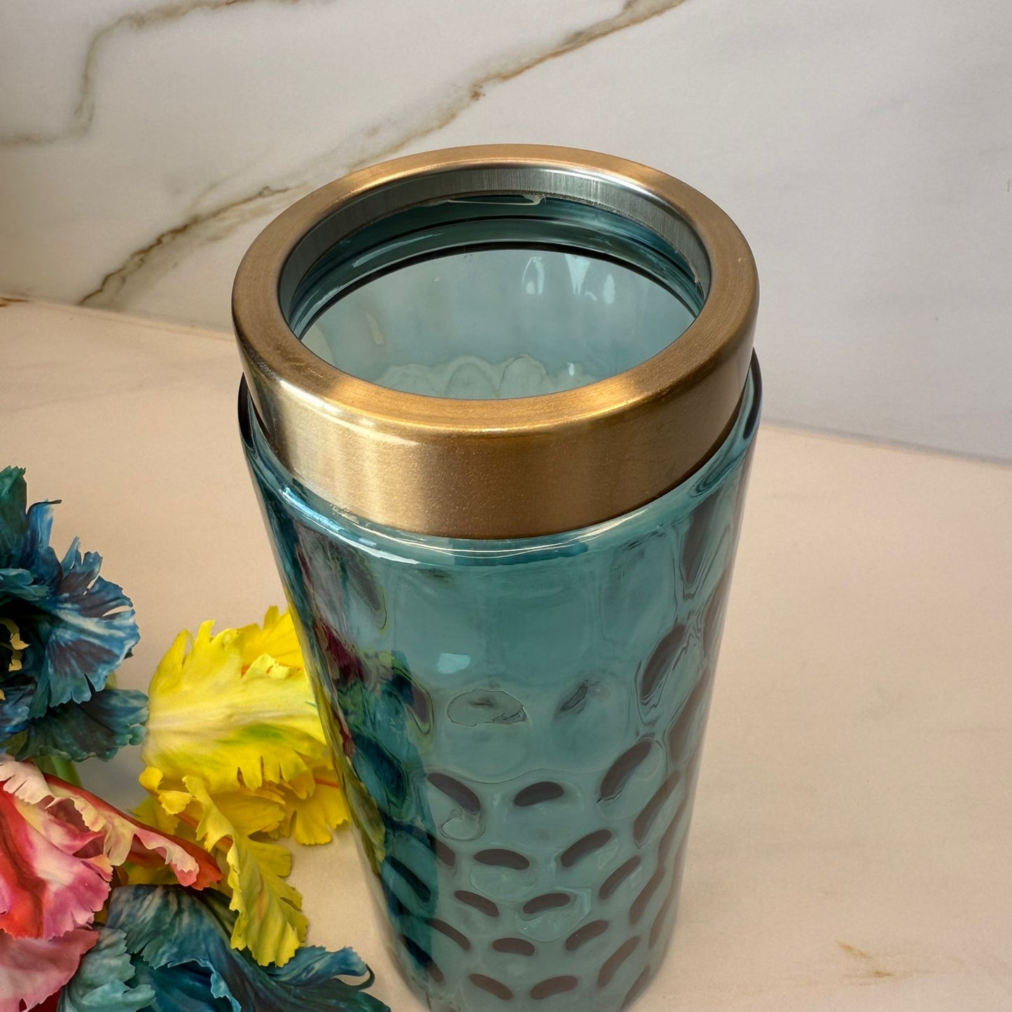 Aqua Embossed Glass Vase With Metal Top