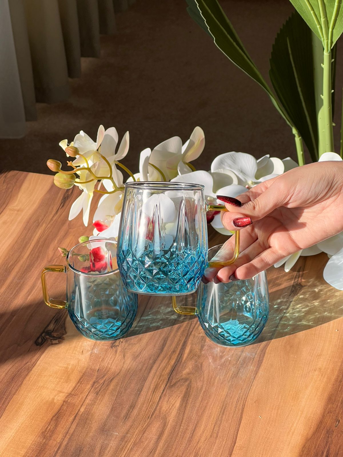 Set Of Transparent Blue Diamond Pattern Glass Mug - 6 Pieces