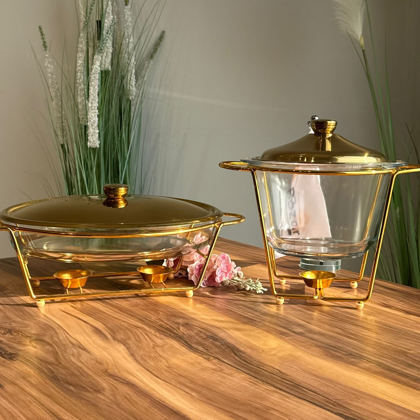 مجموعة أطباق تقديم الطعام الزجاجية الذهبية الفاخرة - تصاميم بيضاوية ودائرية