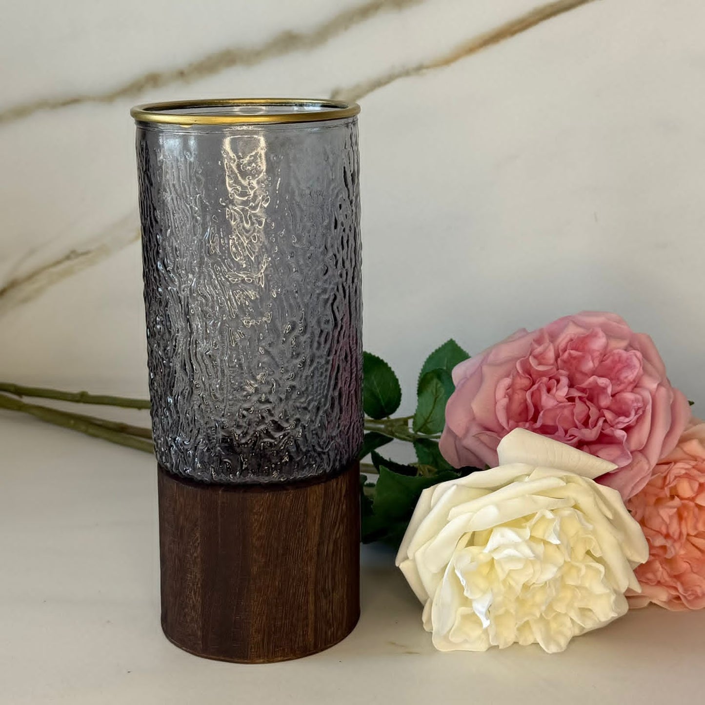 Textured Smoke Glass & Wood Accent Vase