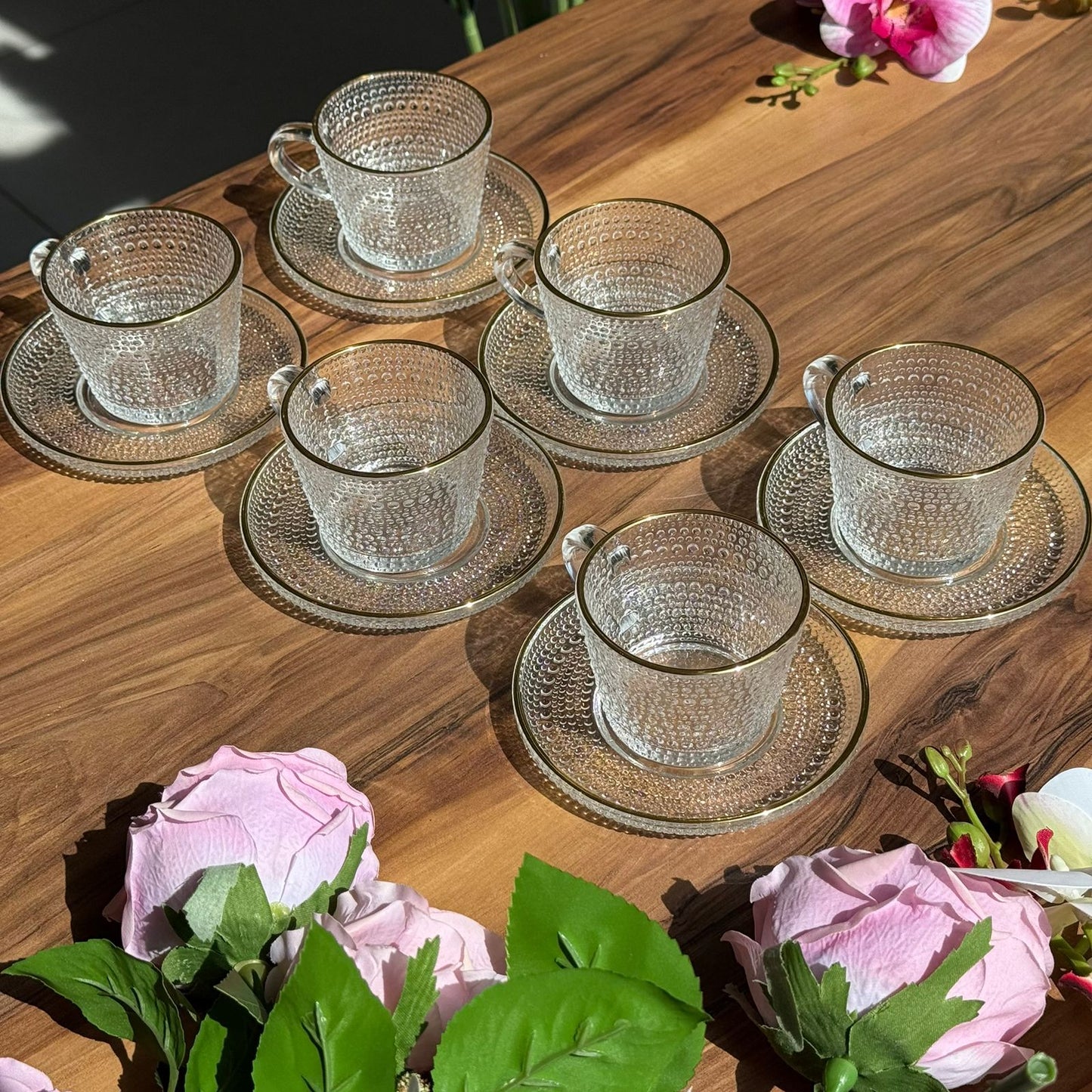 Golden Rim Textured Glass Teacup Set