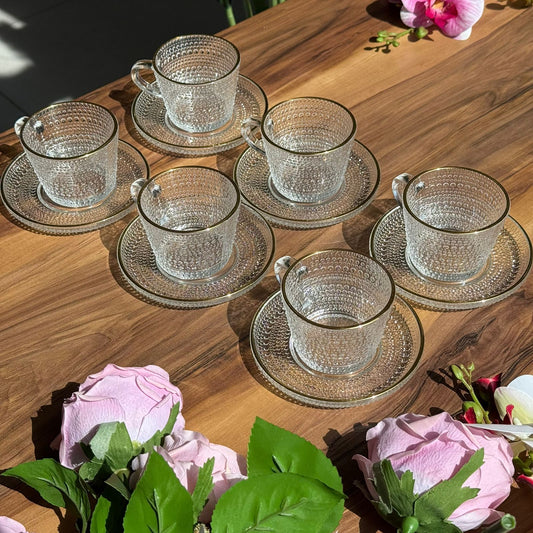 Golden Rim Textured Glass Teacup Set
