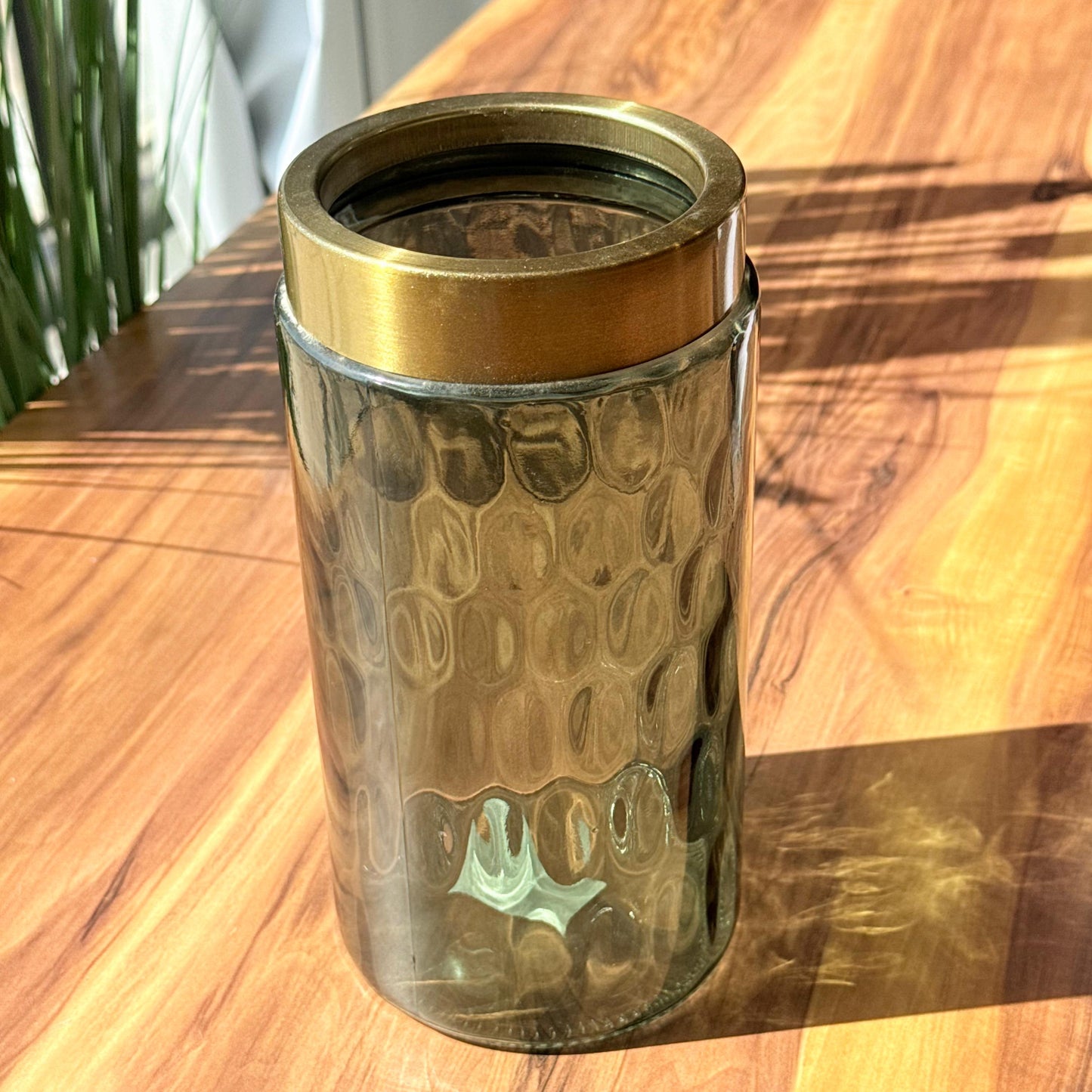 Aqua Embossed Glass Vase With Metal Top