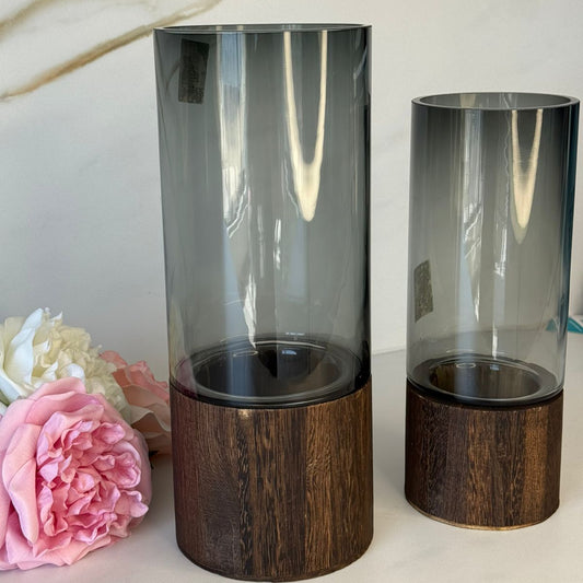 Smoky Glass Vase Collection With Decorative Wooden Base