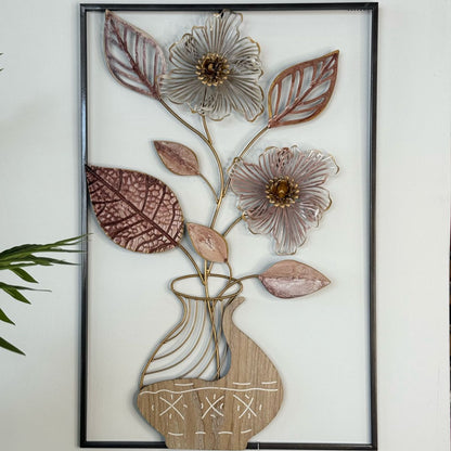 Elegant Metal Vase Of Flowers With Frame Wall Decor