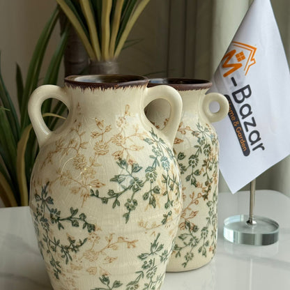 Vintage Floral Ceramic Vase with Dual Handles