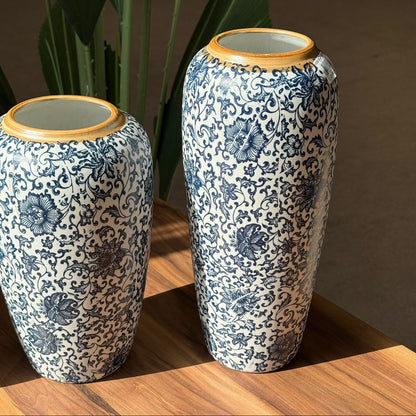 Elegant Blue Vases With Floral Motif And Orchid Touch