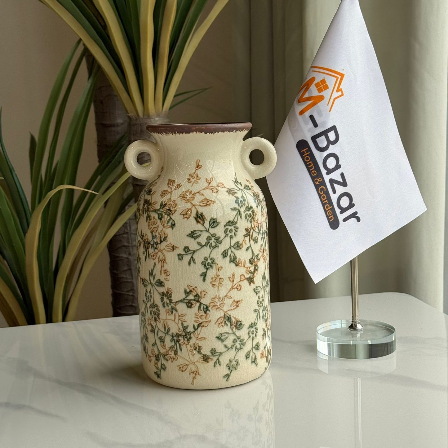 Vintage Floral Ceramic Vase with Dual Handles