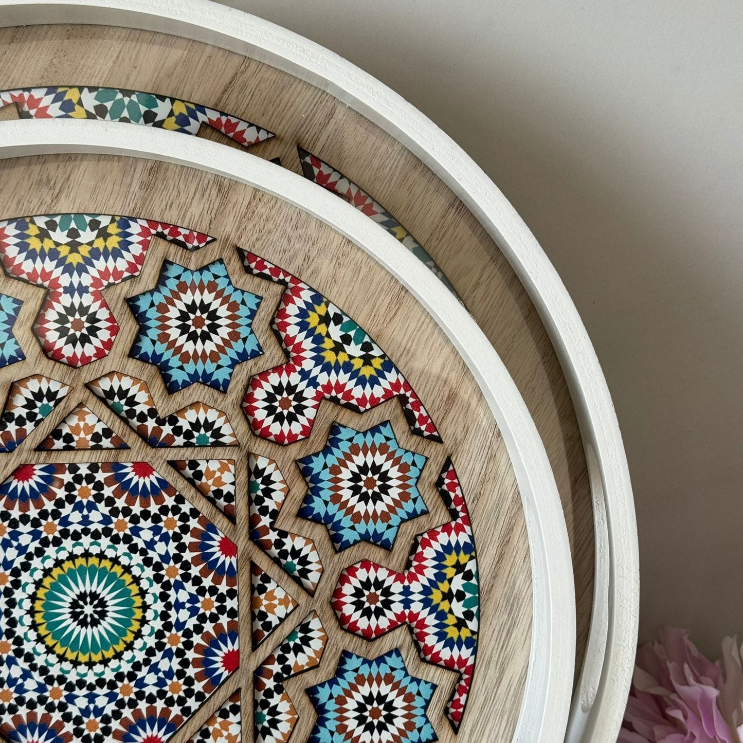 Round Decorative Wooden Serving Tray Set