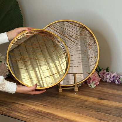 Golden Wave Round Mirror Serving & Decorative Tray