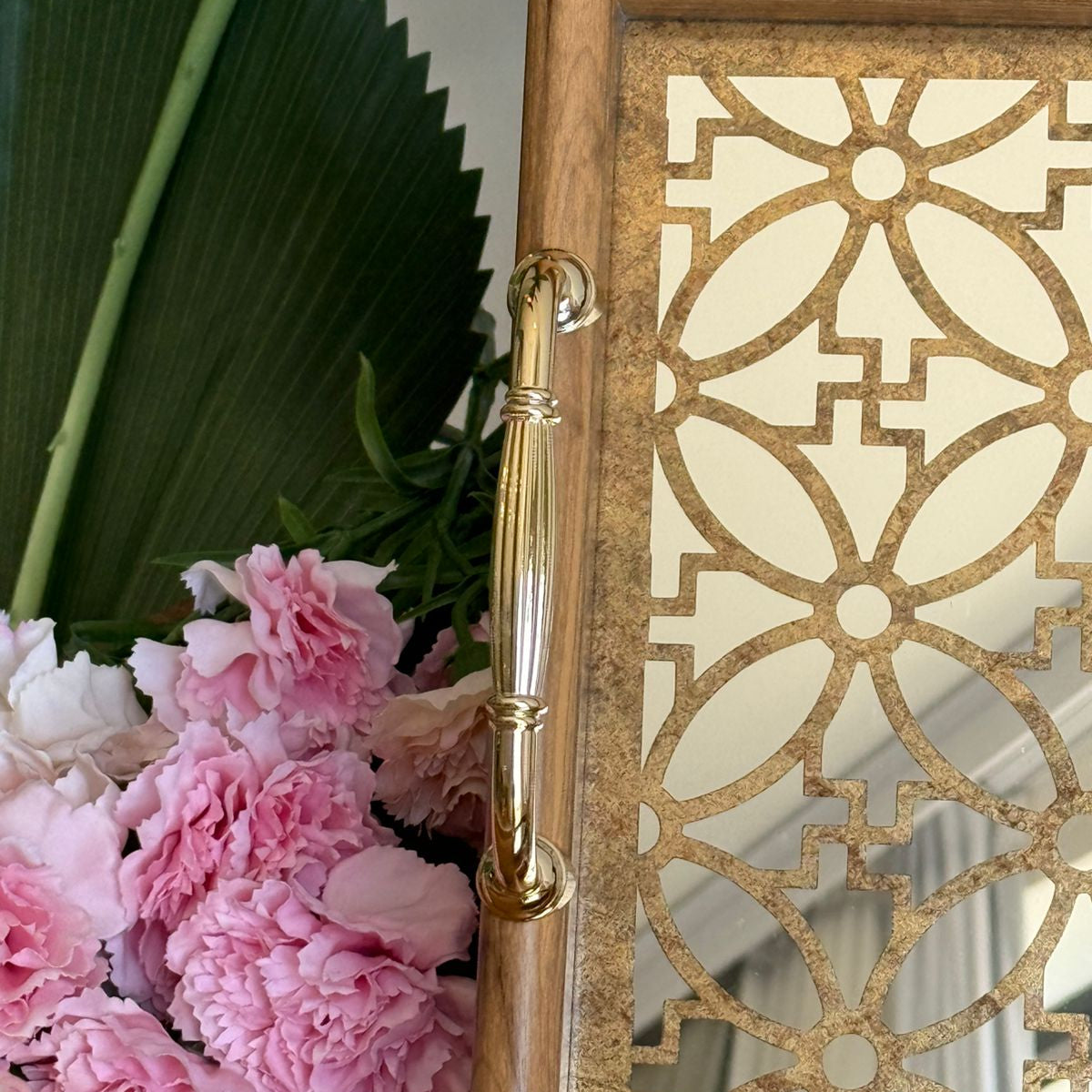 Classic Wooden Frame Mirror Tray With Handles