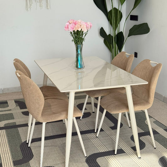 Dany Table and Roza Chairs Dining Set - White & Light Brown