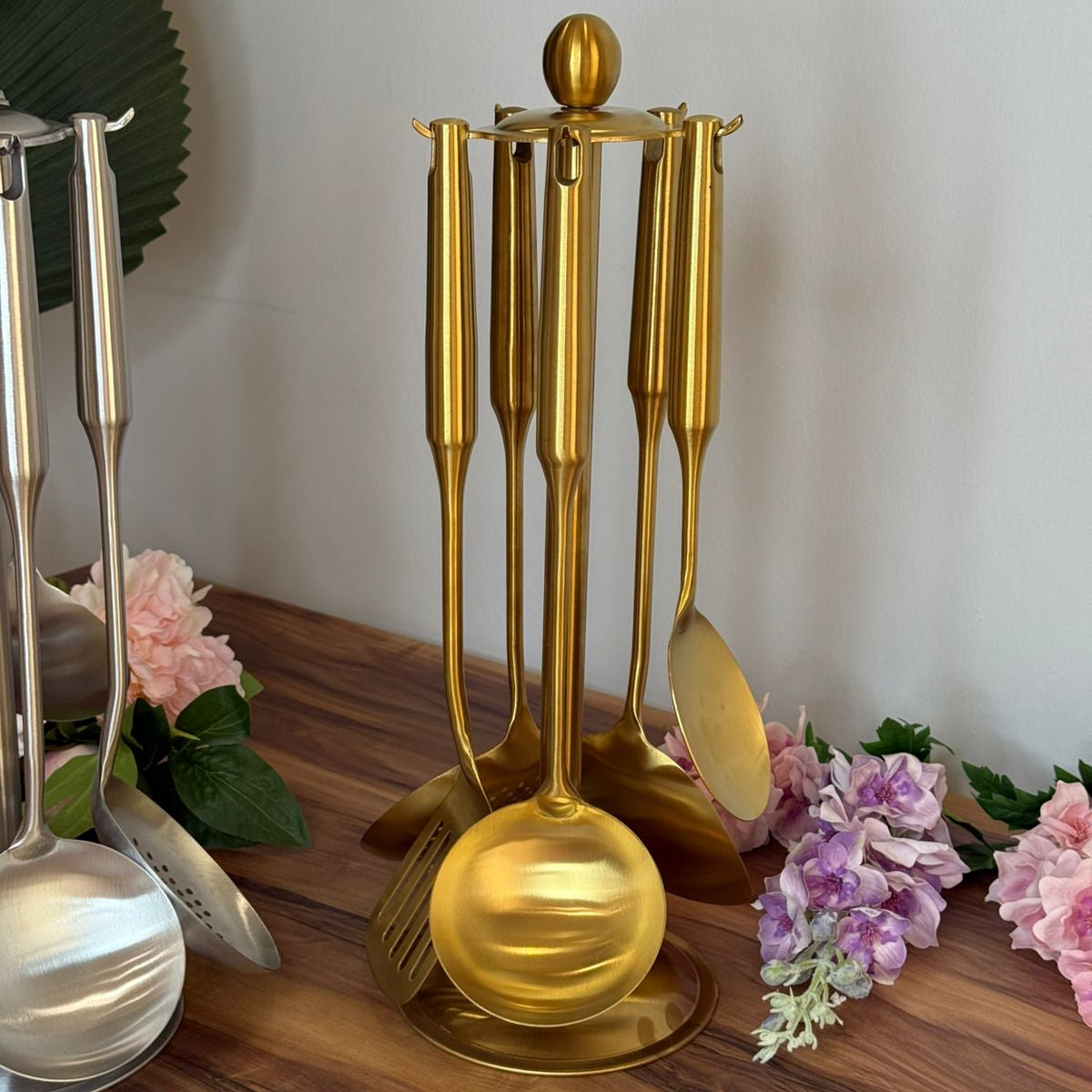 Elegant Gold Stainless Steel Cooking Utensil Set With Stand