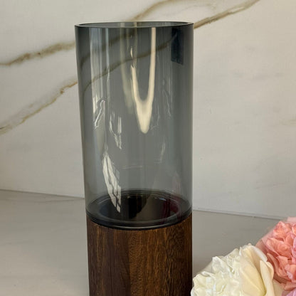 Smoky Glass Vase Collection With Decorative Wooden Base