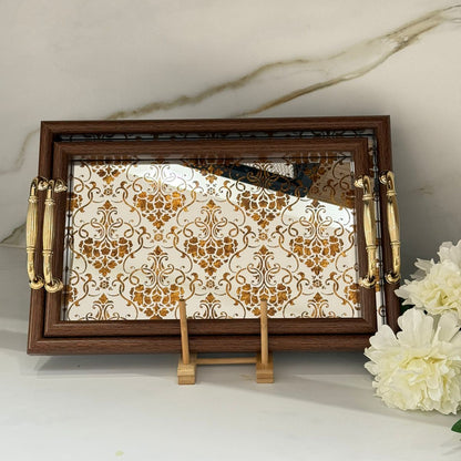 Golden Floral Mirror Tray With Wooden Frame - Dark Brown