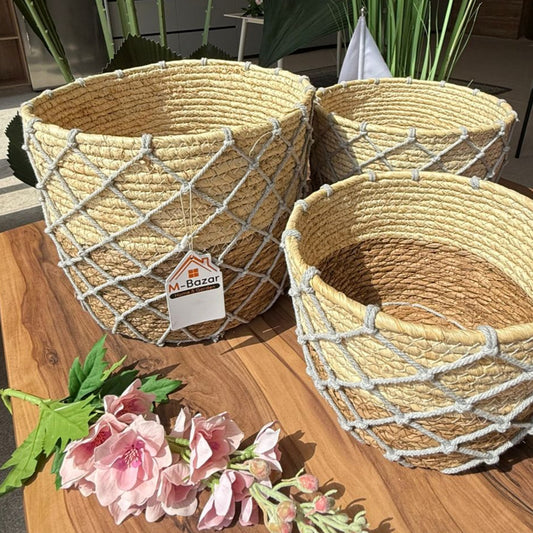 Woven Planter Baskets With Macrame Netting