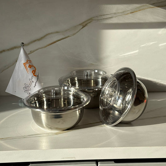 Elegant Silver Stainless Steel Bowl Set with Lids- 3 PCS
