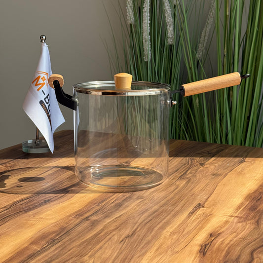 Modern Glass Cooking Pot with Wooden Handles and Lid