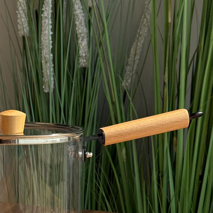 Modern Glass Cooking Pot with Wooden Handles and Lid