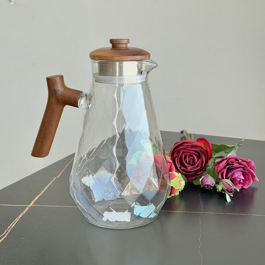 Elegant Diamond-Pattern Glass Pitcher with Wooden Handle & Lid