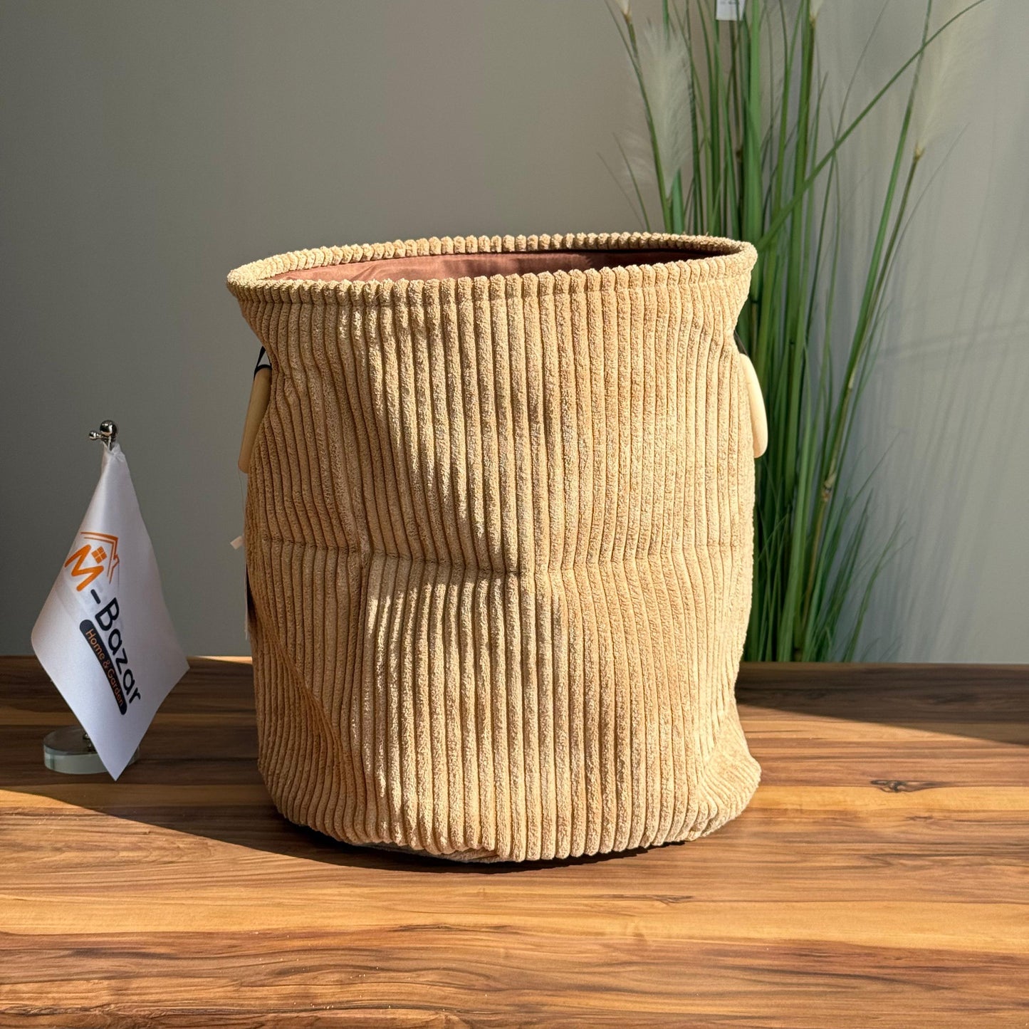 Corduroy Storage Basket with Wooden Ring Handles