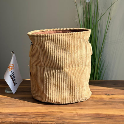 Corduroy Storage Basket with Wooden Ring Handles