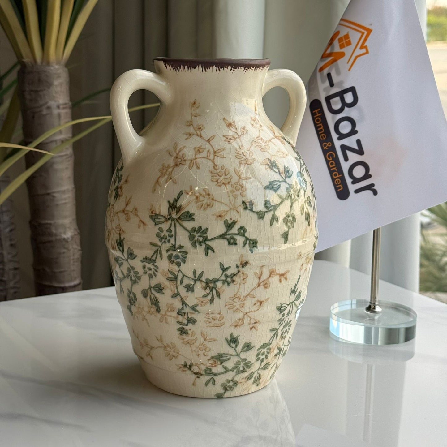 Vintage Floral Ceramic Vase with Dual Handles