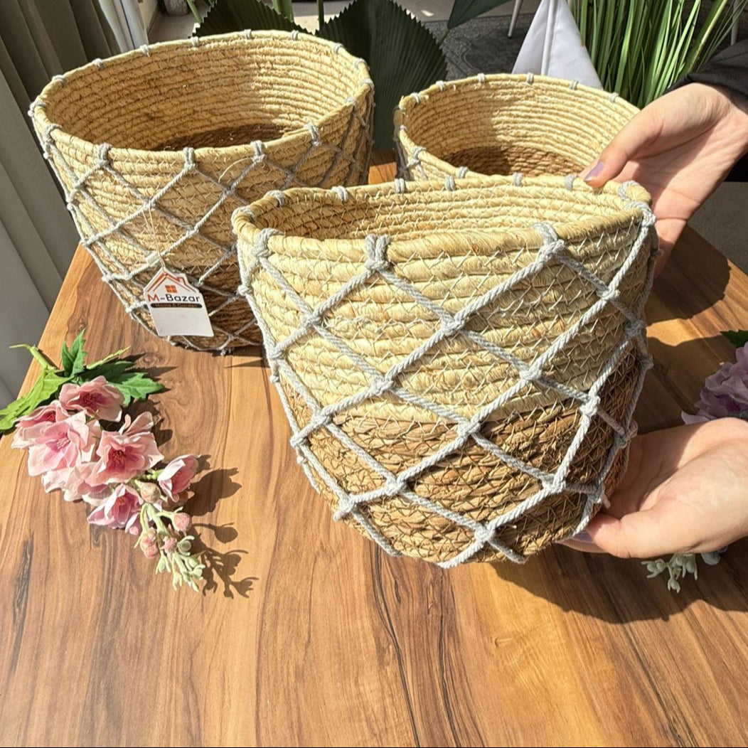 Woven Planter Baskets With Macrame Netting