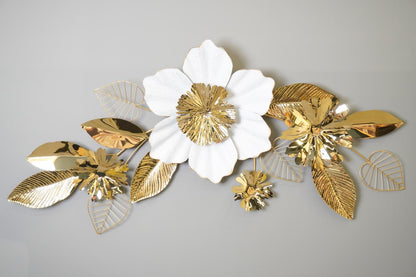Golden & White Floral Metal Wall Decoration