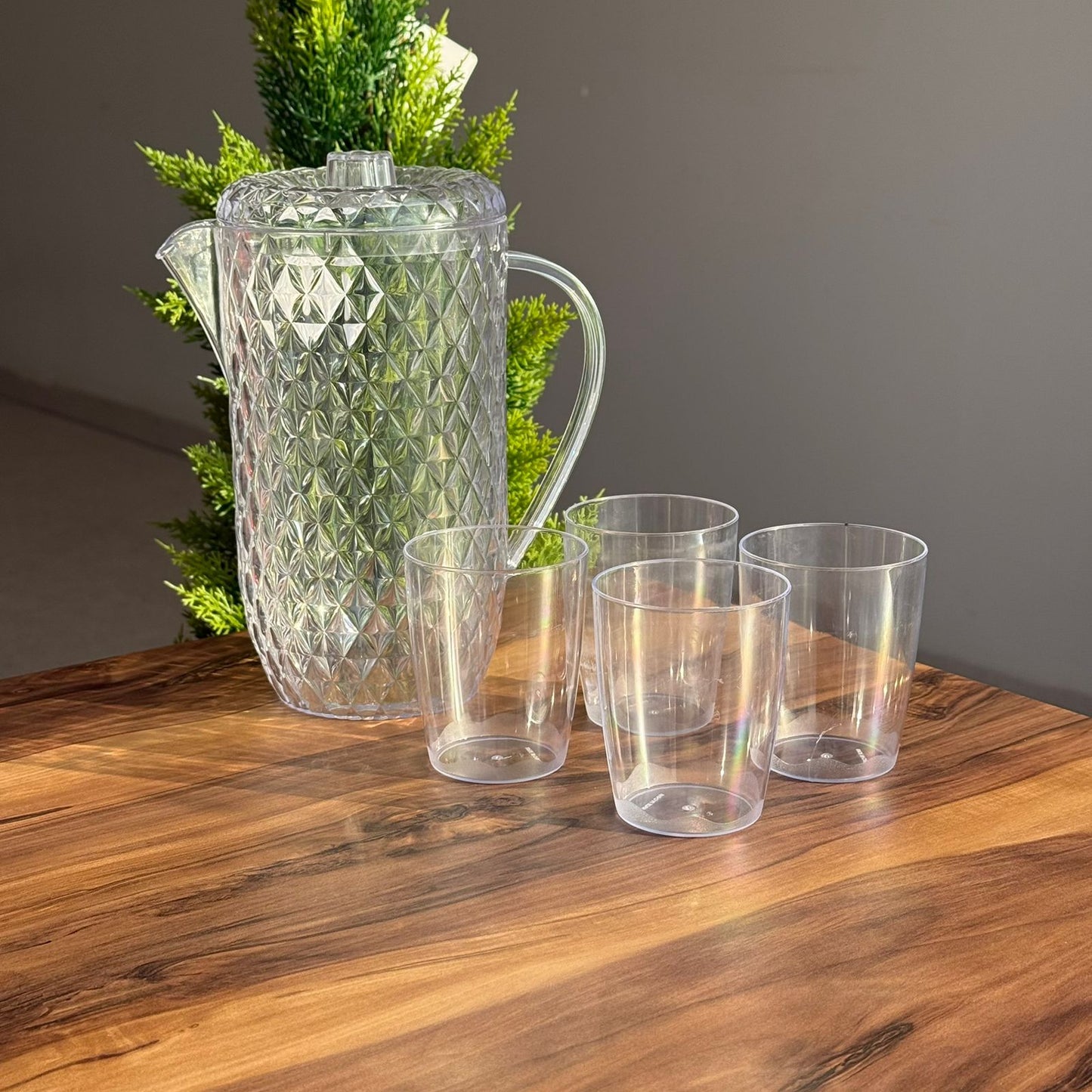 Clear Plastic Water Pitcher Set With Cups
