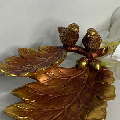 Golden Leaf Tray With Birds Accent