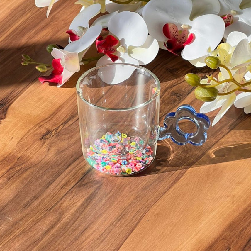 Trasparent Double wall Confetti Flower Handle Glass Mug