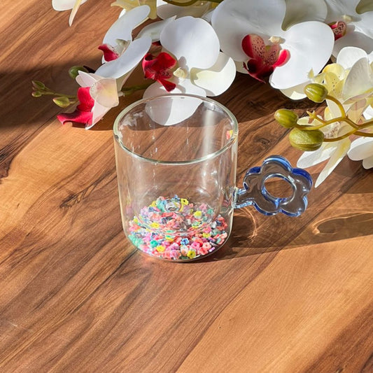 Trasparent Double wall Confetti Flower Handle Glass Mug