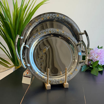 2Pcs Round Stainless Steel Decorative Tray Set