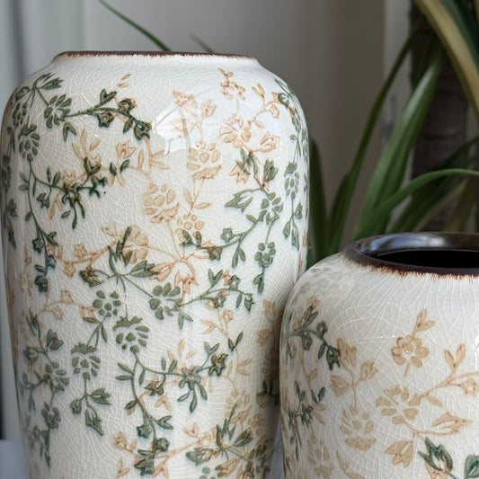 2-Sized Vintage Floral Ceramic Vase