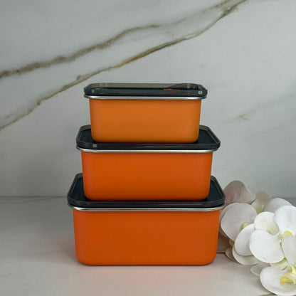 کۆمەڵێک دەفری هەڵگرتنی خۆراکی پۆڵا بە 3 قەبارە لەگەڵ سەرەکانی- لاکێشەیی 