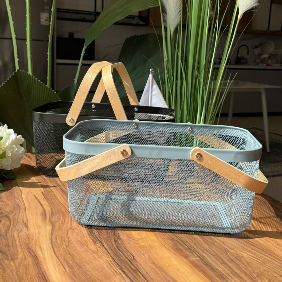 Mesh Storage Basket With Wooden Handle