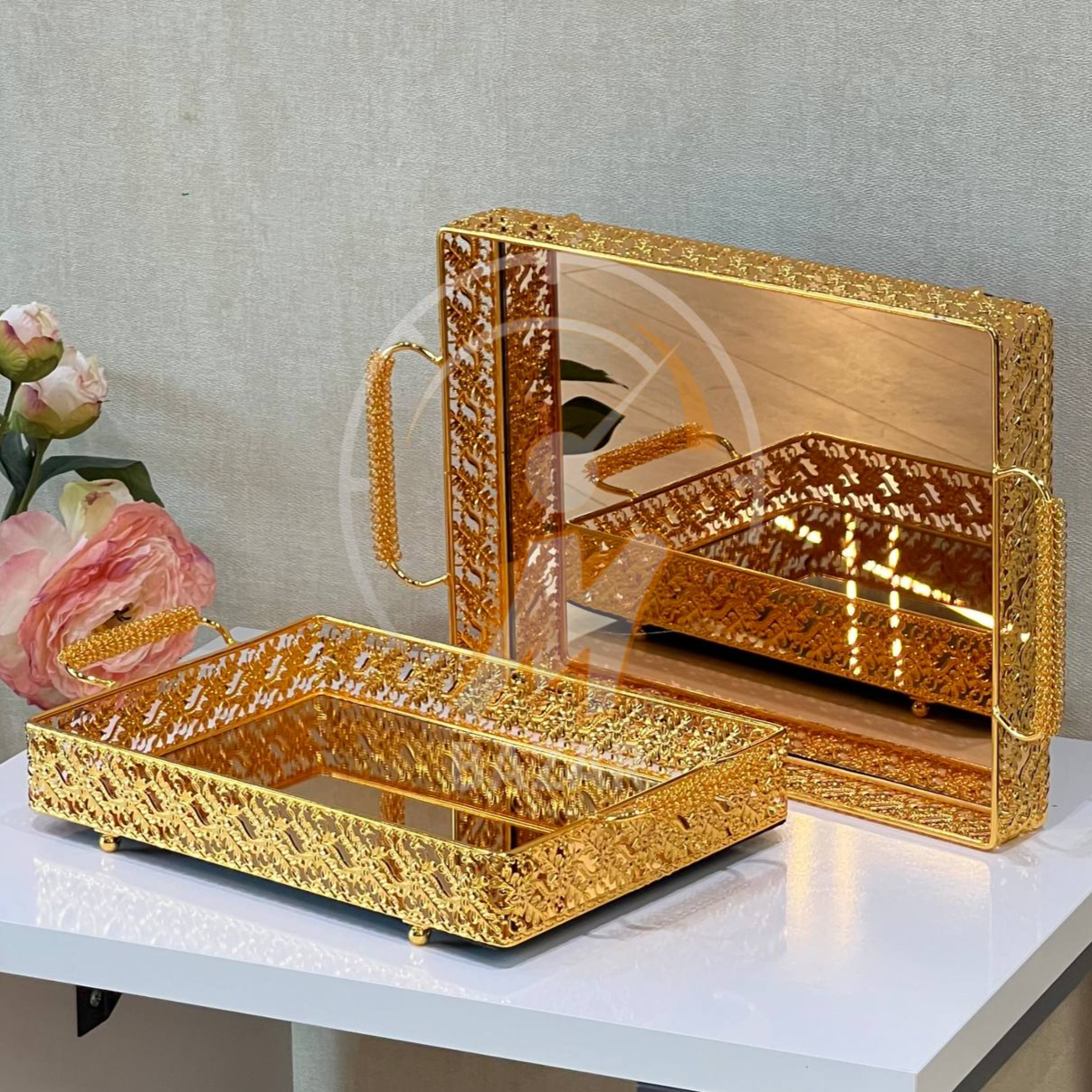 2Pcs Luxury Decorative Gold Bronze Mirror Tray