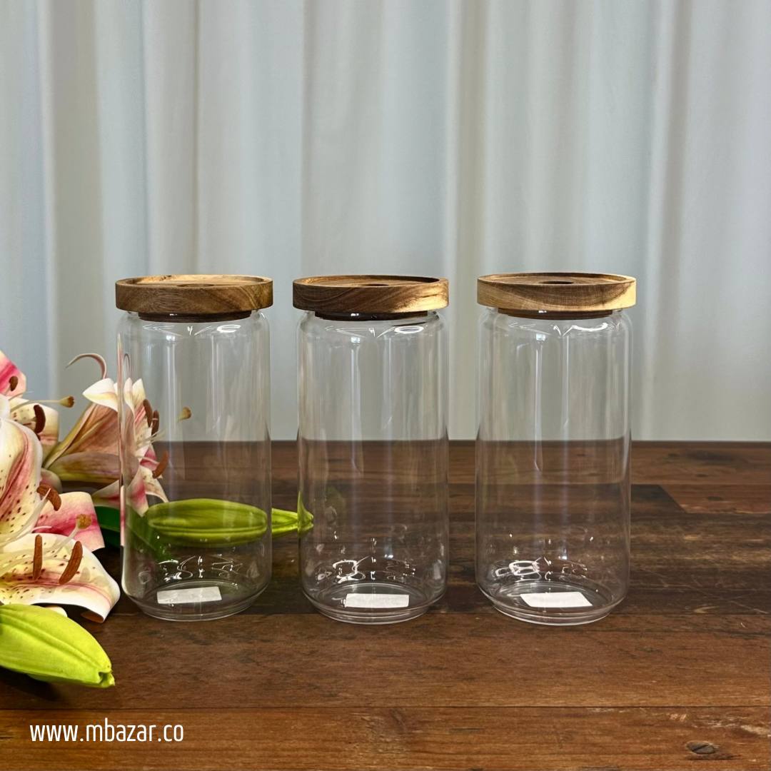 Glass Wooden Lid Storage Jar