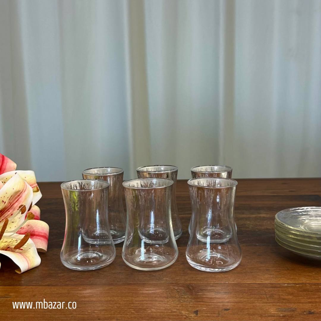 Silver Edge Glass Tea Cup and Sauser Set