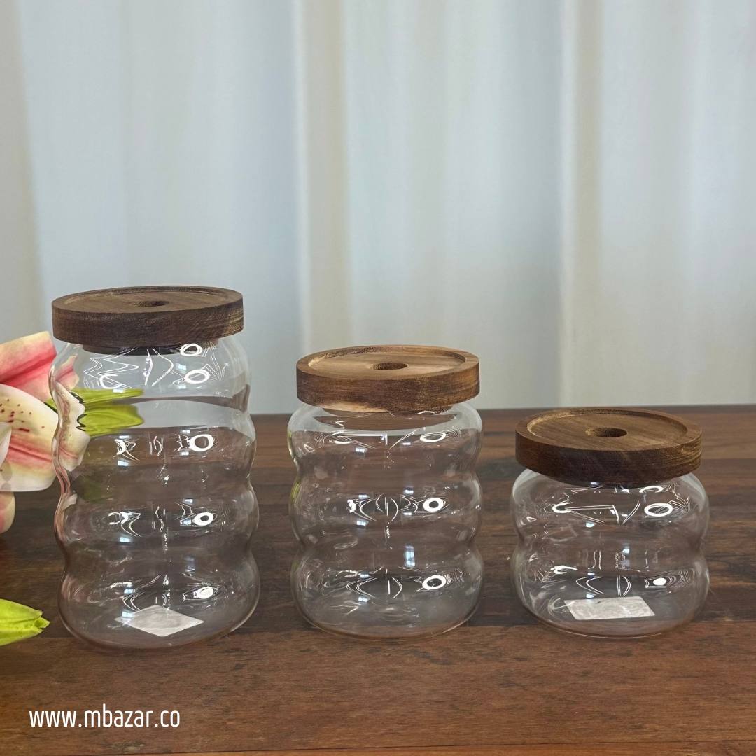 3 Pack Glass Wooden Lid Storage Jars