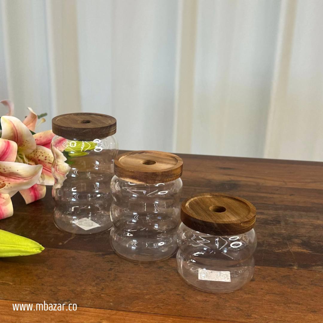 3 Pack Glass Wooden Lid Storage Jars