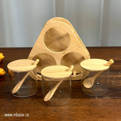 Glass Bamboo Lid Triple Condiment Jar